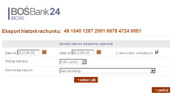 Jeżeli Klient nie zaznaczy checkbox u z rachunków wirtualnych, w wygenerowanym pliku zostaną umieszczone operacje, które nie są wpłatami na rachunki wirtualne.