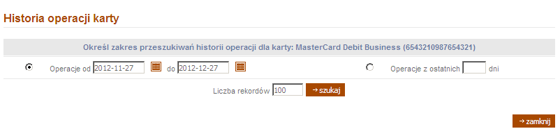 4.2.2 Podgląd szczegółowych informacji o karcie typu chargé Wybranie na liście kart odnośnika w kolumnie Nazwa i pełny numer karty dla karty typu charge powoduje wyświetlenie następujących