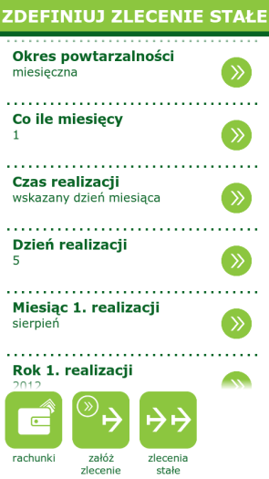 Tworzenie nowego zlecenia stałego Dla: a) wartości dzienna definiujemy: Co ile dni, Dzień pierwszej realizacji, Datę zakończenia (wpisujemy datę lub wybieramy bezterminowo (wartość domyślna)), oraz