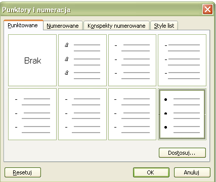 Jeśli zastosowane znaki wypunktowania czy numerowania są nieodpowiednie, to moŝna je zmienić wykorzystując opcję Punktory i numeracja w menu Format.