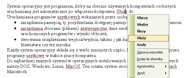 Rys. 24. Poprawianie błędnie zapisanych wyrazów 3.5. Tworzenie tabel Często w przygotowywanych dokumentach występuje konieczność przedstawienia danych w tabelach.