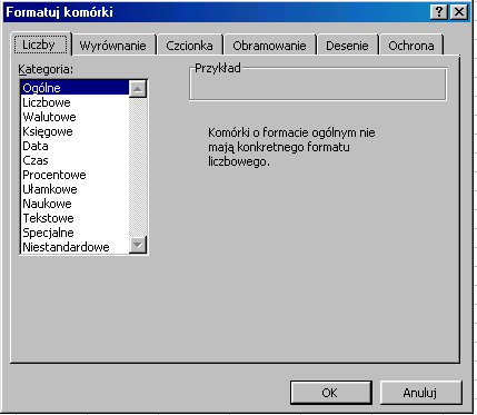 Formatowanie komórek Po zaznaczeniu komórki lub zakresu komórek wybieramy na pasku narzędziowym odpowiedni przycisk lub z menu Format wybieramy polecenie Komórki.