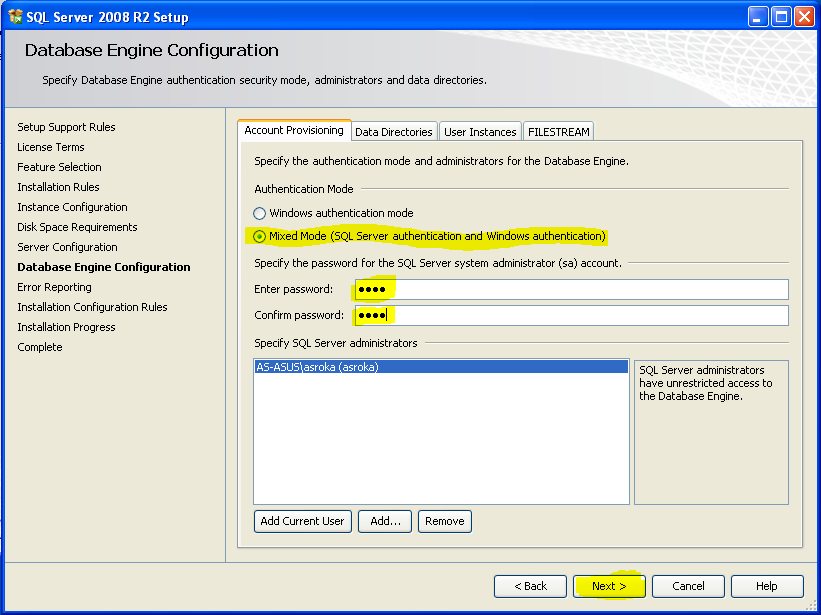 Na tym ekranie definiuje się tryb autoryzacji dla SQL Server - należy wybrać Mixed Mode.