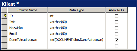 Korzystanie z XML Schema Deklaracja kolumny typu xml korzystającej z kolekcji schem: [DaneTeleadresowe]