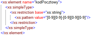 Korzystanie z XML Schema Dodatkowe ograniczenia widoczne są dopiero w kodzie XML schema: Definiują one kodpocztowy jako