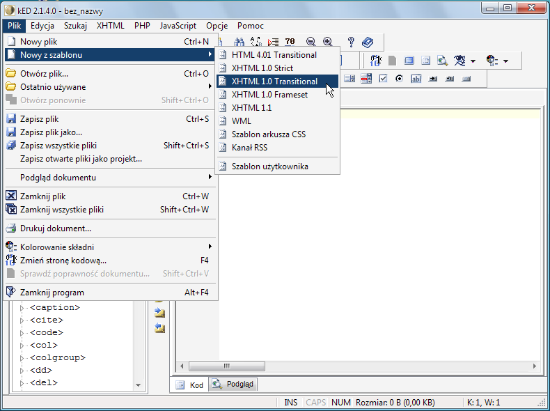 ked ćwiczenie 1 (a) Otwórz program ked Z menu Plik wybierz Nowy z szablonu z