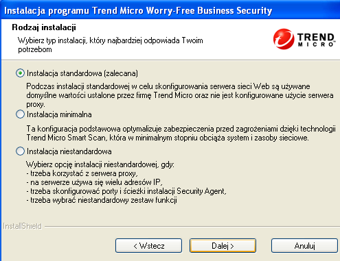 Instalowanie programu Security Server 4. Kliknij przycisk Dalej. Zostanie wyświetlony ekran Typ instalacji. RYSUNEK 3-1. Ekran Typ instalacji 5.