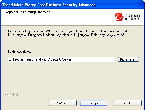 Podręcznik instalacji programu Trend Micro Worry-Free Business Security 7.0 SP1 9. Kliknij przycisk Dalej. Zostanie wyświetlony ekran Wybierz folder programu. RYSUNEK 3-4.