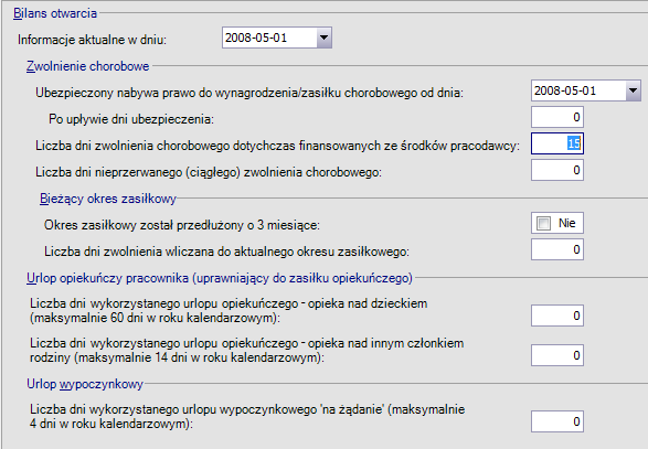 Rys. 75 Pracownik - bilans otwarcia Bilans otwarcia ustala dane początkowe na dzień: Informacje aktualne w dniu.