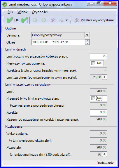 Rys. 76 Pracownik - limit urlopu wypoczynkowego Domyślnie limit urlopu wypoczynkowego i urlopu dodatkowego podlega kumulacji.