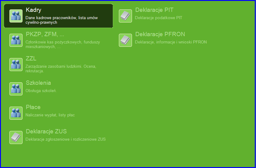 Struktura funkcjonalna programu System enova Kadry Płace funkcjonalnie podzielony został na moduły (foldery): Kadry PKZP, ZFM, Szkolenia Płace Deklaracje ZUS Deklaracje PIT Deklaracje PFRON Kadry Rys.