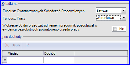 Rys. 42 Pracownik - postawa składek na FP, FGŚP Składki na Fundusz Pracy pozwala wybrać opcje: Nie naliczaj program pomimo wynagrodzenia wyższego niż najniższe nie będzie liczył składki na FP,
