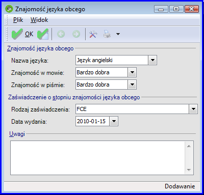 Przed wprowadzeniem informacji o znajomości języków obcych należy w konfiguracji programu Narzędzia Opcje Kadry i płace Kadry Definicje języków obcych oraz Definicje stopni znajomości języków obcych