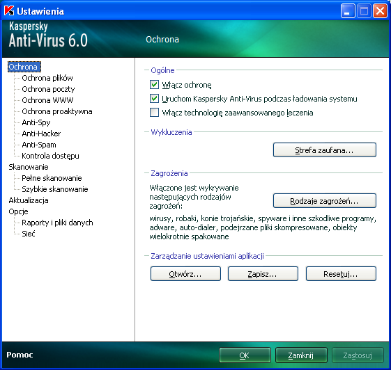 KONFIGUROWANIE USTAWIEŃ APLIKACJI Okno ustawień aplikacji wykorzystywane jest do szybkiego dostępu do głównych ustawień Kaspersky Anti-Virus 6.0. Rysunek 9.
