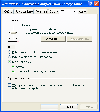 Wszystkie zakładki w oknie właściwości zadania, oprócz zakładki Właściwości (zobacz poniższy rysunek), są standardowymi programu Kaspersky Administration Kit i zostały szczegółowo opisane w