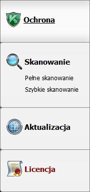 Lewa część okna umożliwia szybki dostęp do modułów aplikacji, zadań wyszukiwania wirusów, zadań aktualizacji itd. Rysunek 5.