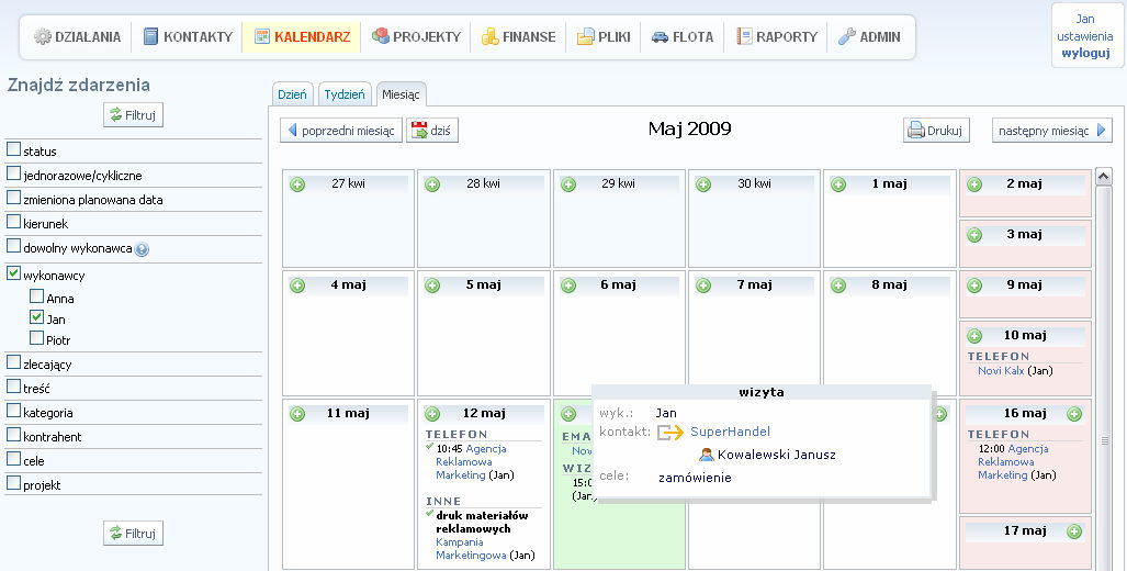 Kalendarz CRM Vision pozwala na prowadzenie własnego, systemowego kalendarza, na którym prezentowany jest harmonogram działań.