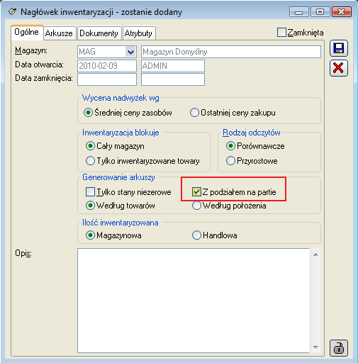 Rysunek 149 Parametr: Z podziałem na partie Zostanie również zmieniony sposób uzupełniania nowego arkusza dodanego do takiej Inwentaryzacji, pozycje uzupełniane będą towarami bez podziału na partie.