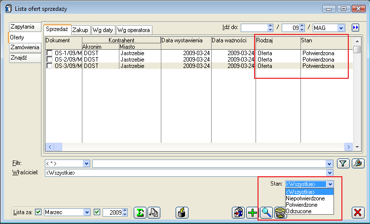 12. Filtr: Stan w liście ofert W liście ofert zmieniono nazwę dotychczasowej kolumny: Stan na: Rodzaj oraz dodano dodatkową kolumnę: Stan, która wyświetla informację czy dana oferta jest: