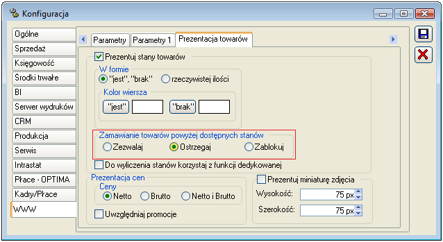 Rysunek 96. Konfiguracja WWW grupa Zamawianie towarów powyżej dostępnych stanów.