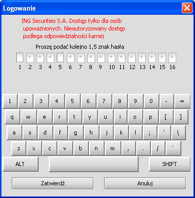 Logowanie do systemu wpisanie hasła W puste pola należy wprowadzić wybrane losowo przez system znaki z ustanowionego hasła (np. jeśli pola numer 1, 5 są puste wprowadź pierwszy, piąty znak z hasła).