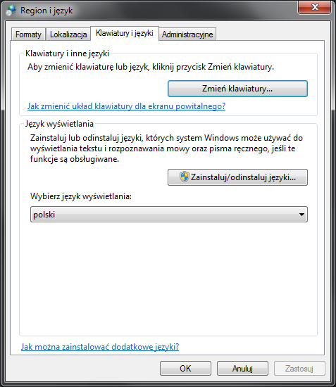 Konfigurowanie ustawień regionu i języka Karta [Klawiatury i języki] Określ język klawiatury i język wyświetlania tekstu.
