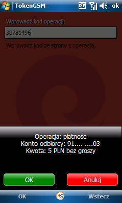 : rodzaj wykonywanej operacji (płatność, lokata, operacja niefinansowa), wybrane numery rachunku odbiorcy (2 pierwsze i 2 ostatnie cyfry NRB), kwota transakcji w PLN (zaokrąglona do pełnych złotych,