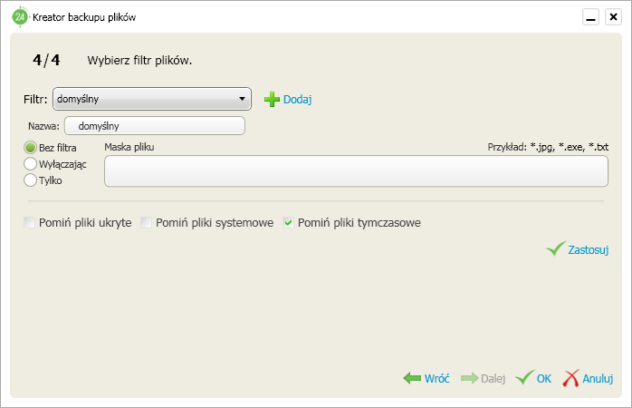 4. Wybór filtru. Po przejściu wszystkich kroków kreatora zostanie utworzone zadanie backupu dla wybranych plików, będzie ono widoczne w zakładce Zadania backupu 3.2.