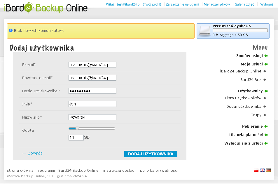 Taki użytkownik w ramach jednego konta otrzymuje od administratora login i hasło, przy pomocy którego uzyskuję dostęp do systemu ibard24.