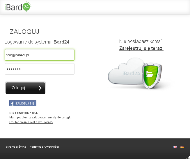 16. APLIKACJIA INTERNETOWA Aplikacja internetowa ibard24 Backup Online jest dostępna po zalogowaniu przez przeglądarkę internetową na stronie: www.ibard24.pl 16.1. LOGOWANIE Na stronie należy podać nazwę użytkownika oraz hasło, a następnie nacisnąć przycisk Zaloguj się.