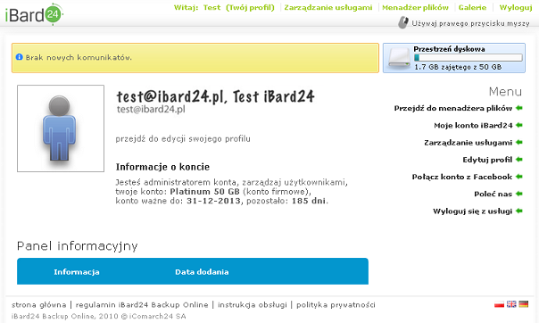 W menu po prawej stronie mamy następujące opcje: Przejdź do menadżera plików Przechodzi do okna menadżera plików Moje konto ibard24 Wyświetla informację o usłudze i pozawala na zmianę typu konta i