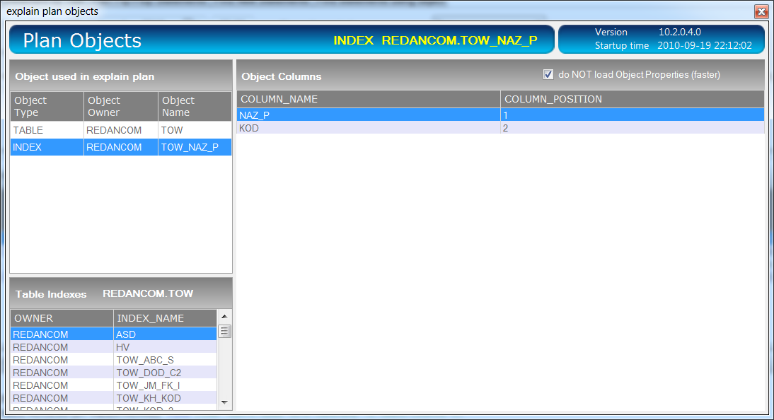 Chcąc poznać listę kolumn indeksu TOW_NAZ_P należy użyć funkjconalności Show Plan Objects.