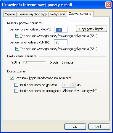 Przejdź do zakładki Zaawansowane i ustaw: o Serwer przychodzący (POP3): 995 o Ten serwer łamaga zaszyfrowanego połączenia (SSL): Zaznaczone o