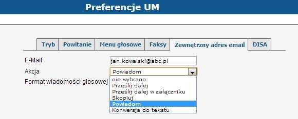 Ustaw tryb odbioru wiadomości faksowych zakładka Zewnętrzny adres email.