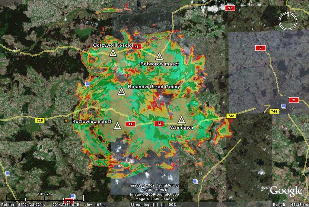 Planowanie radiowe - 9 Predykcja pokrycia - przykład Planowanie radiowe dokonywane jest na podstawie map cyfrowych DEM (Digital Elevation Model), które przy wymaganej dokładności do tych celów trzeba