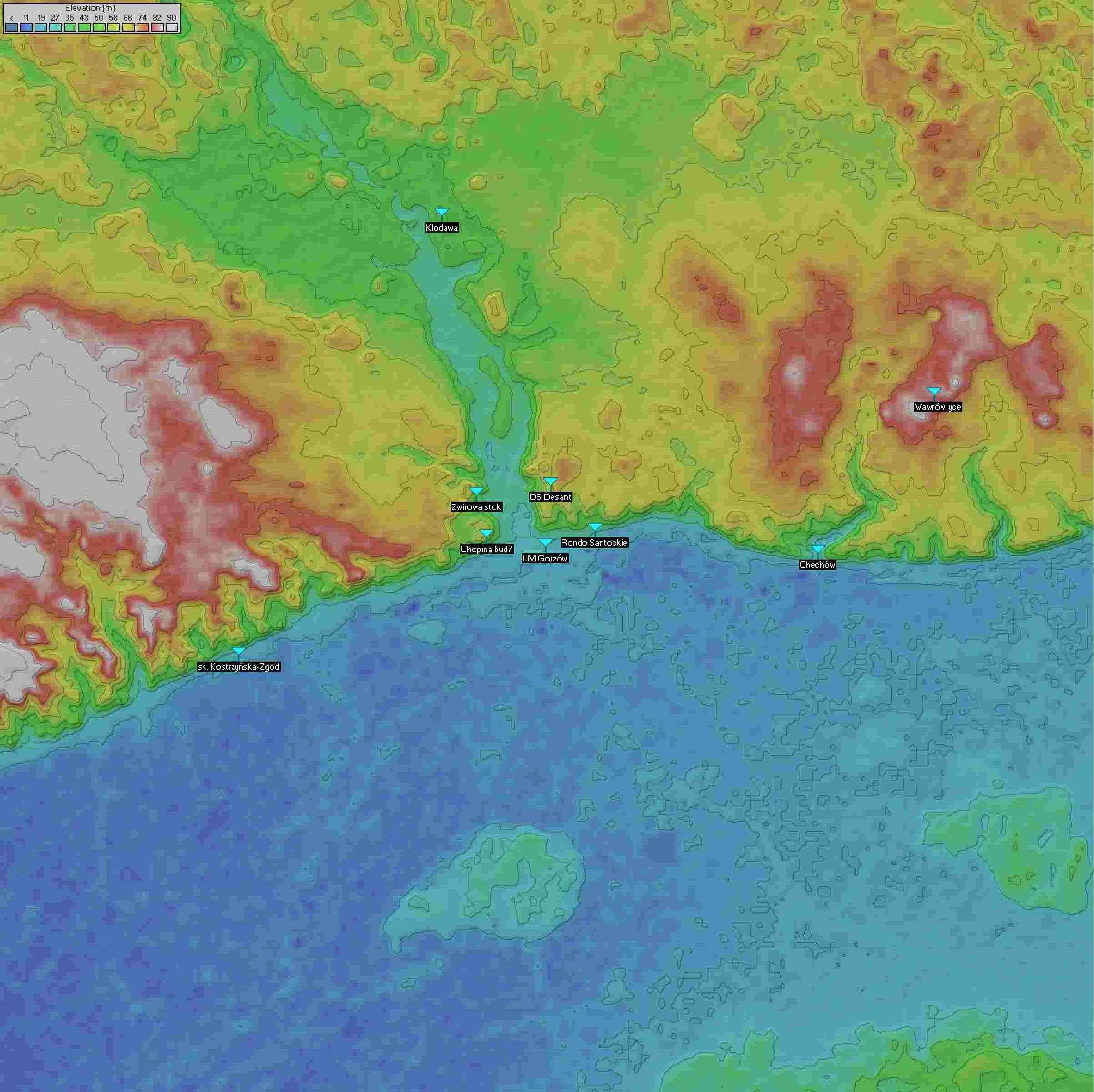 Planowanie radiowe 6a Mapa DEM okolic Gorzowa Wlkp. Widoczna dolina Kłodawki, wzgórza Wawrowa, Czechów, Kłodawa, skrzyżowanie ul. Kostrzyńskiej i Zgody, wzgórze Chopina.