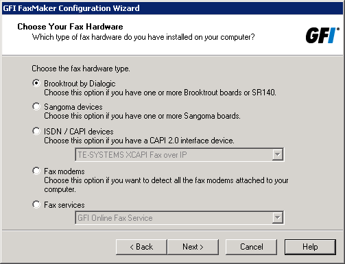 Zrzut ekranu 9: Wybieranie sterownika Brooktrout SR140 3. Kliknij opcję Brooktrout by Dialogic i wybierz pozycję Brooktrout SR140 Software Fax over IP. Kliknij przycisk Next, aby kontynuować. 4.