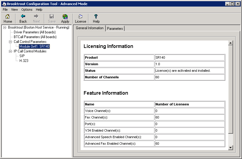 Zrzut ekranu 14: Program Brooktrout Configuration Tool 16. W programie Brooktrout Configuration Tool sprawdź, czy ustawienia są zgodne z używaną konfiguracją.