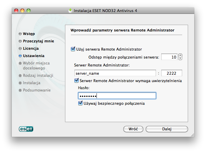 aplikację ESET Remote Administrator (ERA), można wprowadzić parametry modułu ERA Server (nazwa serwera, port i hasło) w celu automatycznego utworzenia połączenia między programami ESET NOD32