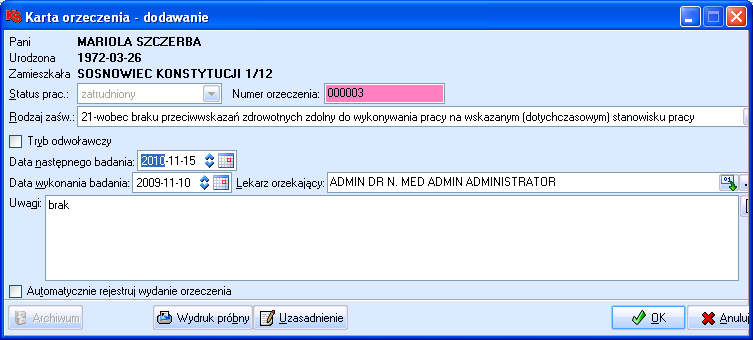 3. Pracownicy 3. Zakładka Wywiad lekarski umożliwia wprowadzenie danych medycznych uzyskanych z przeprowadzonego wywiadu lekarskiego. 4.