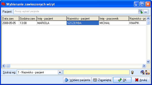 MODUŁ 13 Medycyna Pracy Rys. 59. Okno: Wybieranie zawieszonych wizyt. Rys. 57. Okno: Wybieranie usług.