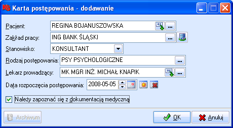 MODUŁ 13 Medycyna Pracy Rys. 83. Okno: Karta postępowania. Rys. 81. Okno: Przeglądanie listy obiegówek. W oknie tym można dodawać nowe karty, przeglądać istniejące, modyfikować oraz rejestrować.