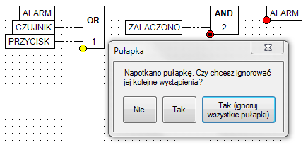 Podczas wykonywania programu przez symulator CPSim po napotkaniu pułapki kolor jej zmienia się na żółty, a obok w małym oknie pojawia się pytanie o ignorowanie (rys. 14).