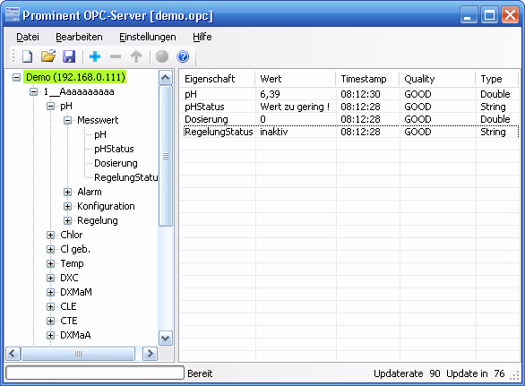 Podręcznik serwera OPC ProMinent 2.5 Funkcje programu 2.5.1 Główny interfejs Konfiguracja serwera OPC przebiega na podstawie przejrzystej prezentacji, w podobny sposób jak w przypadku pliku Explorer systemu MS-Windows.