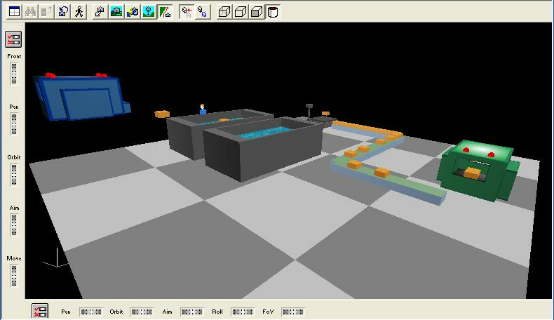 Jeśli ponownie uruchomisz opcję Model/Quick 3D, zobaczysz, że maszyna i bufor pojawiły się na wyższym piętrze. Okno 3D zawiera wiele przycisków na pasku narzędzi, dzięki którym zmienia jego wyglą d.