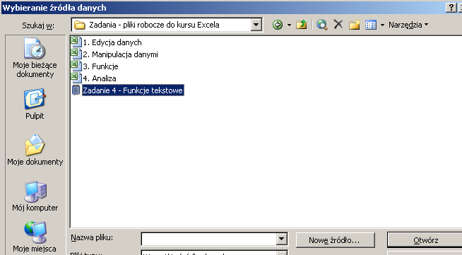 1.15 Zadanie problemowe Otwórz plik: 3. Funkcje.xls, i przejdź do arkusza Zadanie 4. Dokonaj importu do arkusza zewnętrznych danych zapisanych w pliku tekstowym Zadanie 4 - Funkcje tekstowe.txt.