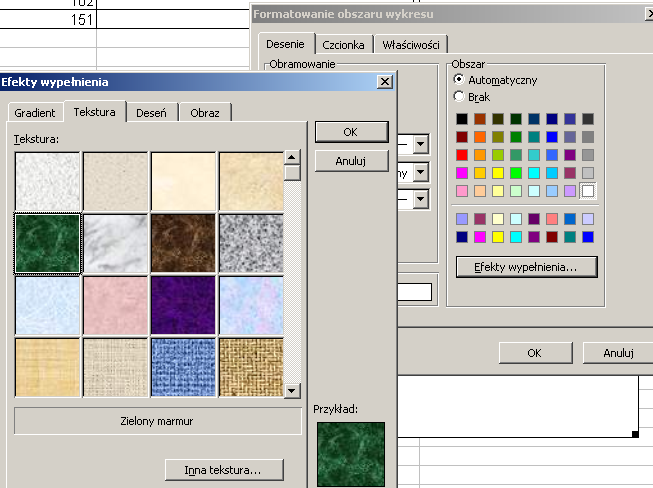W oknie dialogowym Efekty wypełnienia zaznaczamy opcję Zielony marmur i wybieramy przycisk OK. Podobnie klikamy OK. w oknie dialogowym Formatowanie obszaru wykresu. 1.