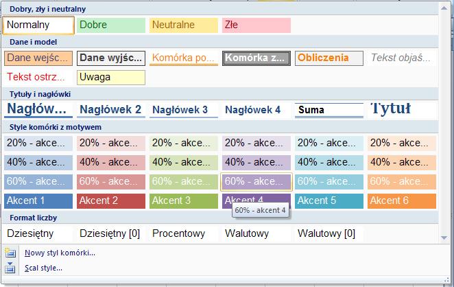 korzystania z predefiniowanych styli komórek, a także zamiany wprowadzonych danych na estetycznie sformatowaną tabelę.