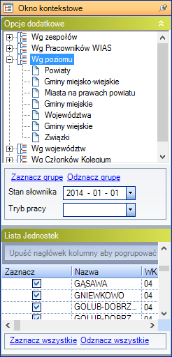 Rysunek 9. Okno kontekstowe w prawej części programu W oknie Opcje dodatkowe użytkownik może ustawić stan archiwalny (historyczny) jednostek.