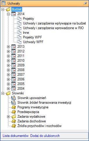 Rysunek 34. Moduł Uchwały, drzewa Budżet i Słowniki Kategoria Słowniki pozwala na wprowadzenie dodatkowych inf